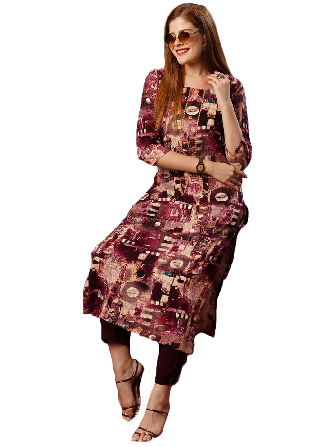 Anni Designer Women'S Cotton Blend Straight Printed Kurta With Pant (Rai Wine-Nw_Xxl_Wine_Xx-Large),Wine,2XL