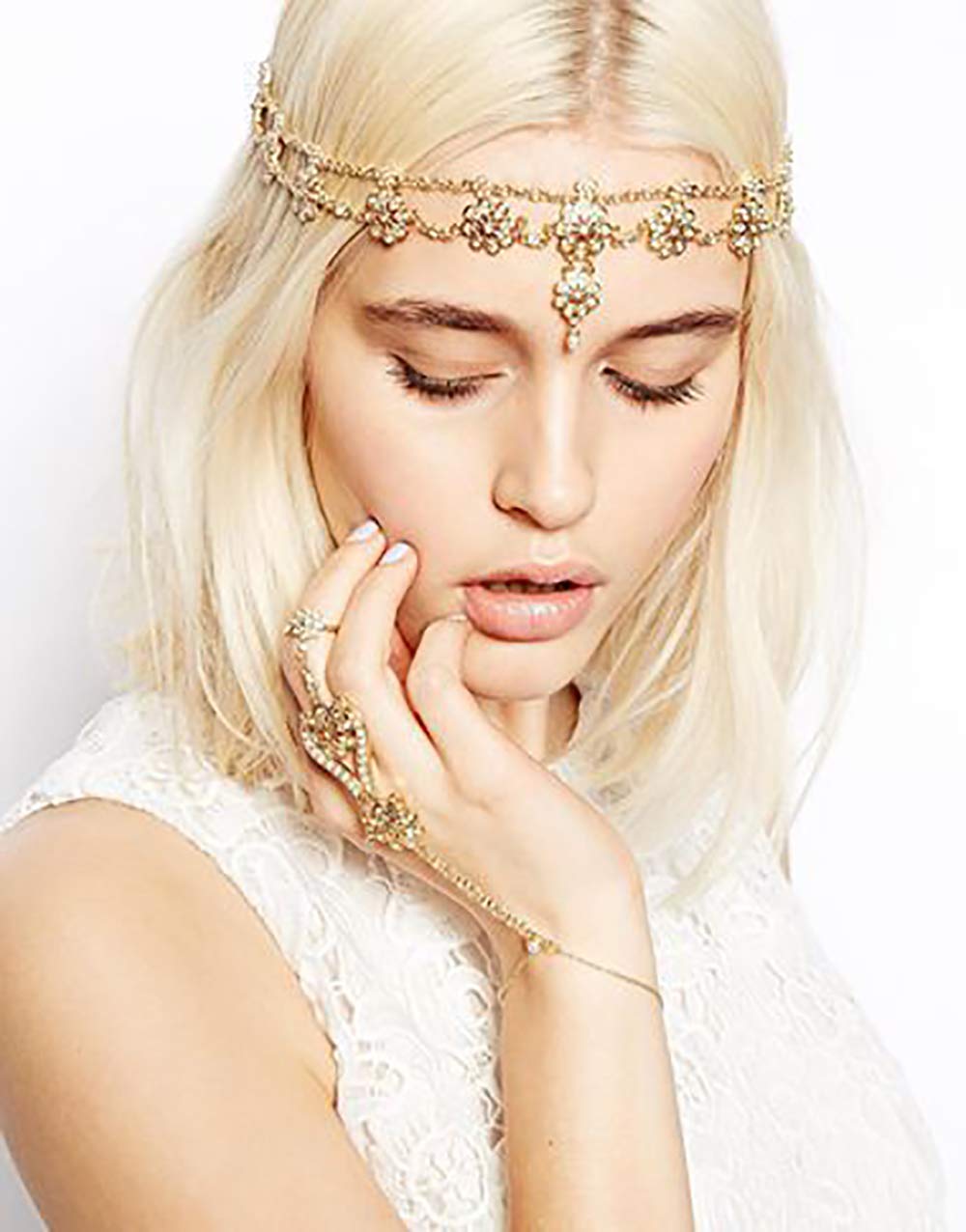 DoubleNine Gold Flower Boho Bridal Headpiece Pendant Forehead Head Chain Headband Retro Hair Accessories Headpiece Head Dress fo