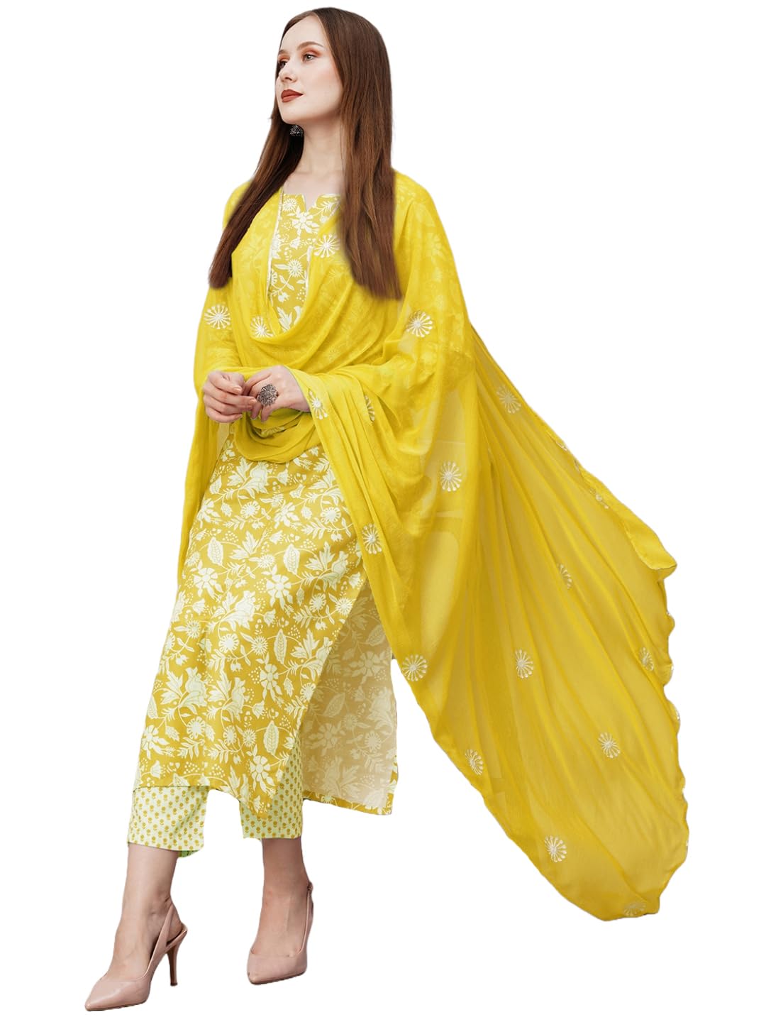 Anni Designer Women'S Cotton Blend Straight Printed Kurta With Pant & Dupatta (Mei Yellow-Nw_M_Yellow_Medium),Yellow,M