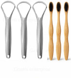 Goshti Enterprise 6 Pcs Combo EcoFriendly Bamboo Toothbrush Set With Charcoal Bristles & Stainless Steel Tongue Cleaner (Pack O