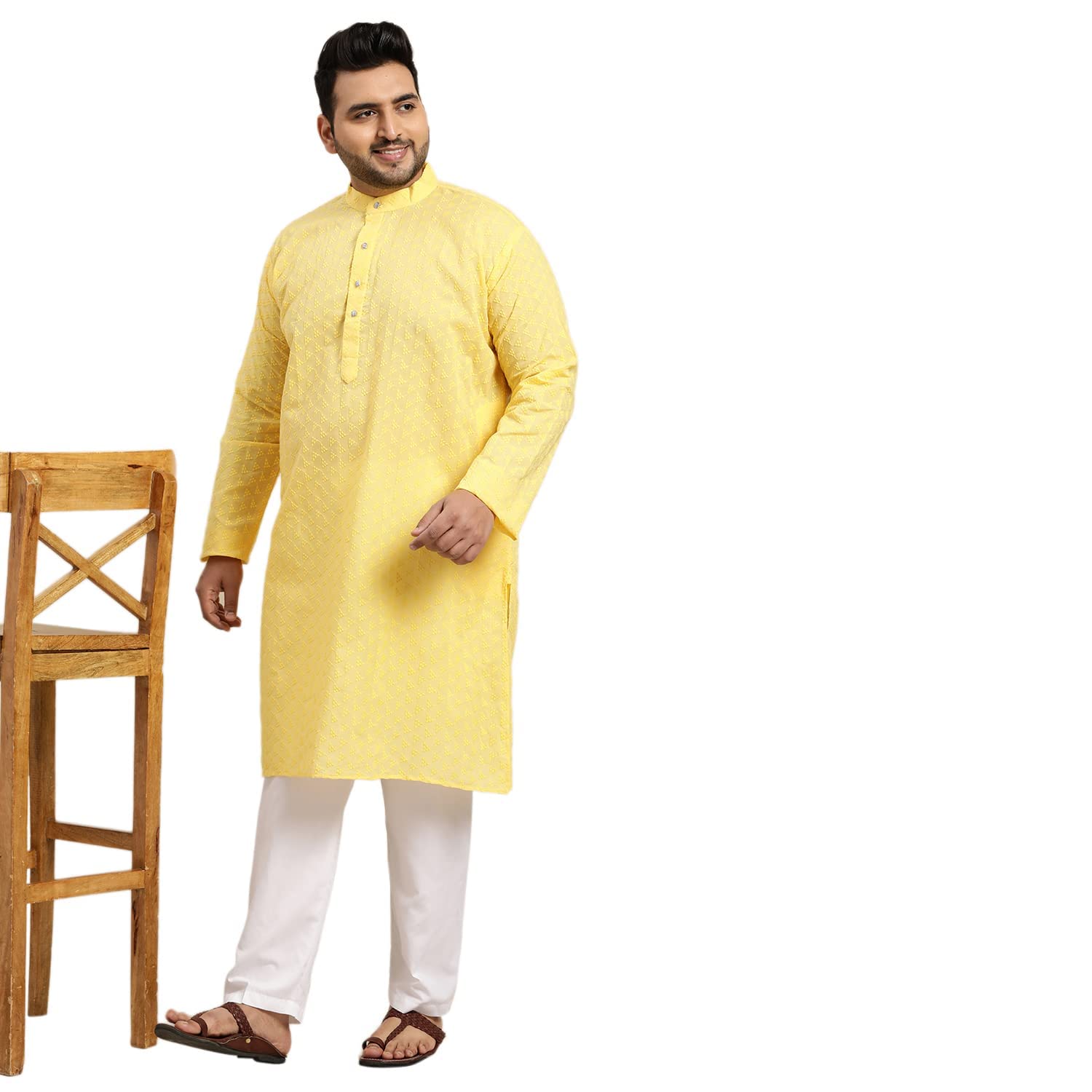 Sojanya Plus (Since 1958) Men'S Cotton Mustard Checked Kurta With White Churidar Pyjama Set Size 46