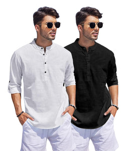 Bellstone Men'S Cotton Blend Solid Regular Dress Shirt (Kurta1500_Combo_White & Black_Xl