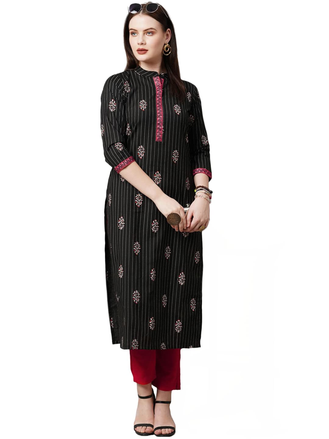 Anni Designer Women'S Cotton Blend Traditional Straight Printed Kurti (Kd Black_Xl_Black_X-Large),Black,XL