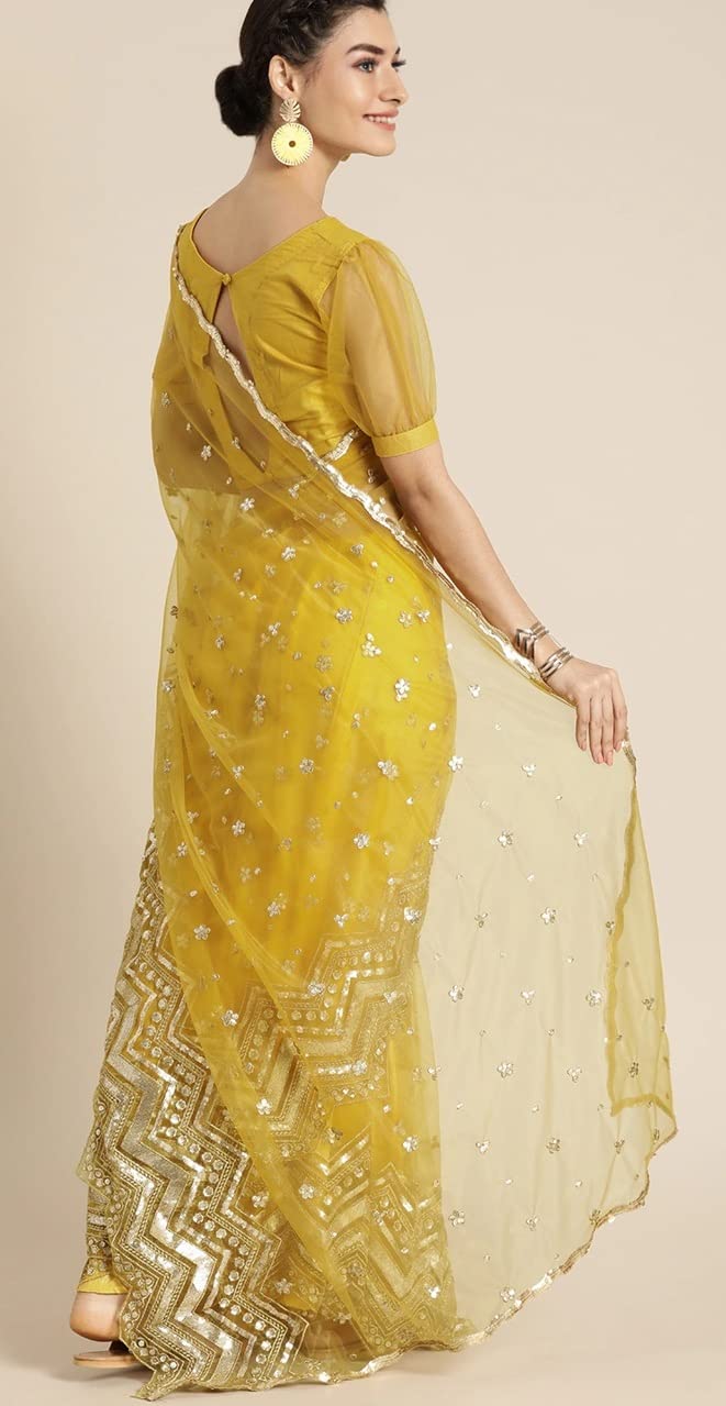 Fashion Basket Women'S Net Yellow Saree With Blouse Piece