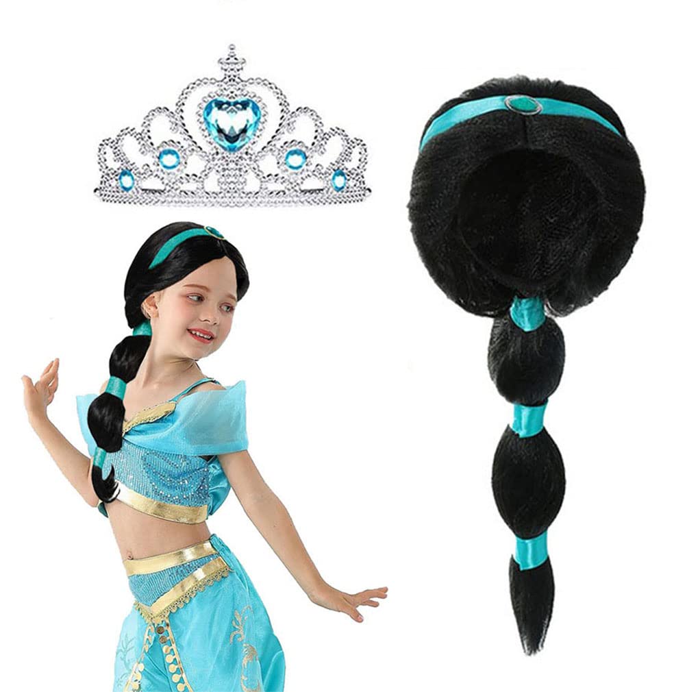 Arabian Princess Wig for Girls Jasmine Braid with Princess Tiara Princess Dress Up Costume Cosplay Halloween Accessories for Kid