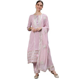 ishin Women's Purple Gota Patti Embroidered A-Line Kurta set With Trouser and Dupatta