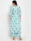 Gosriki Women'S Sea Green & Pink Printed Kurta With Palazzos,Blue,,B08QD7DWC8
