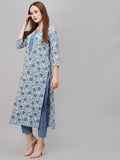 Anni Designer Women'S Cotton Blend Printed Straight Kurta With Pant (Mung Blue_Xl_Blue_X-Large),Blue,XL,Cotton Blend,Regular,