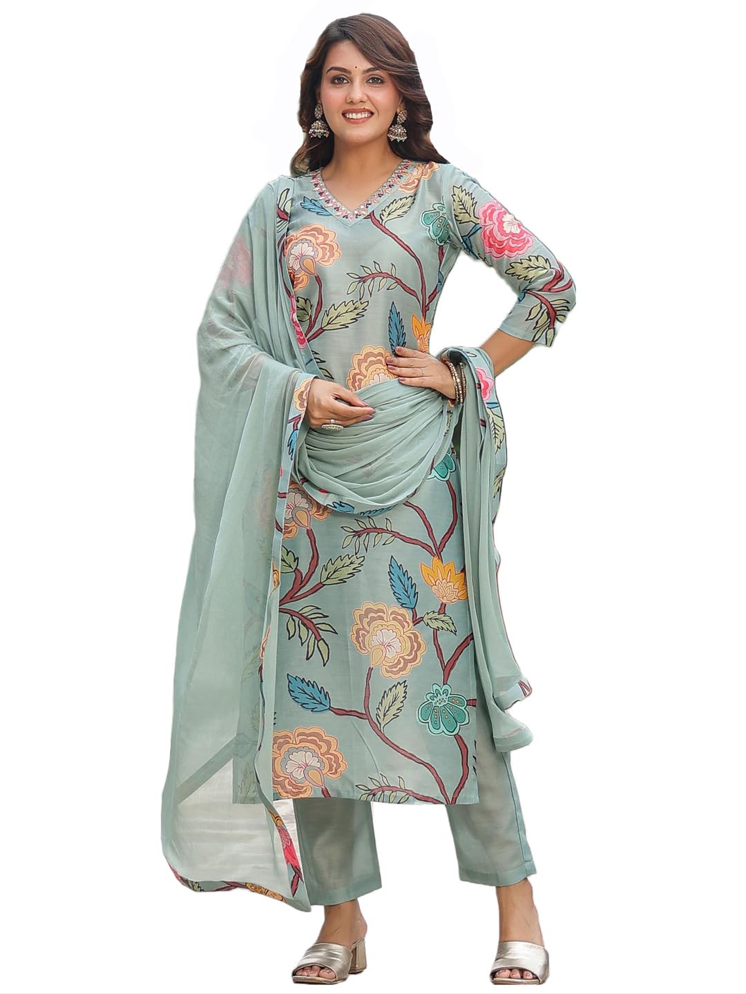 Anni Designer Women'S Cotton Blend Straight Printed Kurta With Pant & Dupatta (Twig Pista_L_Pista_Large),Pista,L