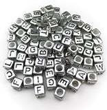 1000pcs Mixed Acrylic Letter/Alphabet A-Z  Cube Beads for DIY Craft (Silver with Black Letter)