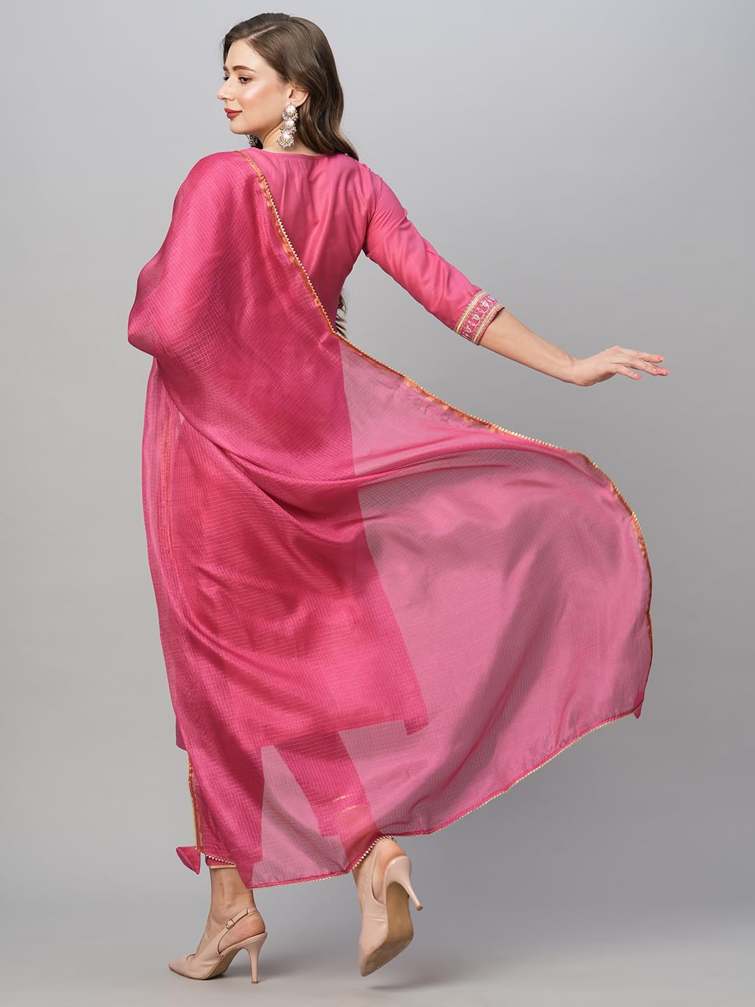 Anni Designer Women'S Cotton Blend Embroidered Straight Kurta With Pant & Dupatta (Bagicha-Rani-Fnw_S_Pink_Small),Pink,S,Cotton Blend,Regular,
