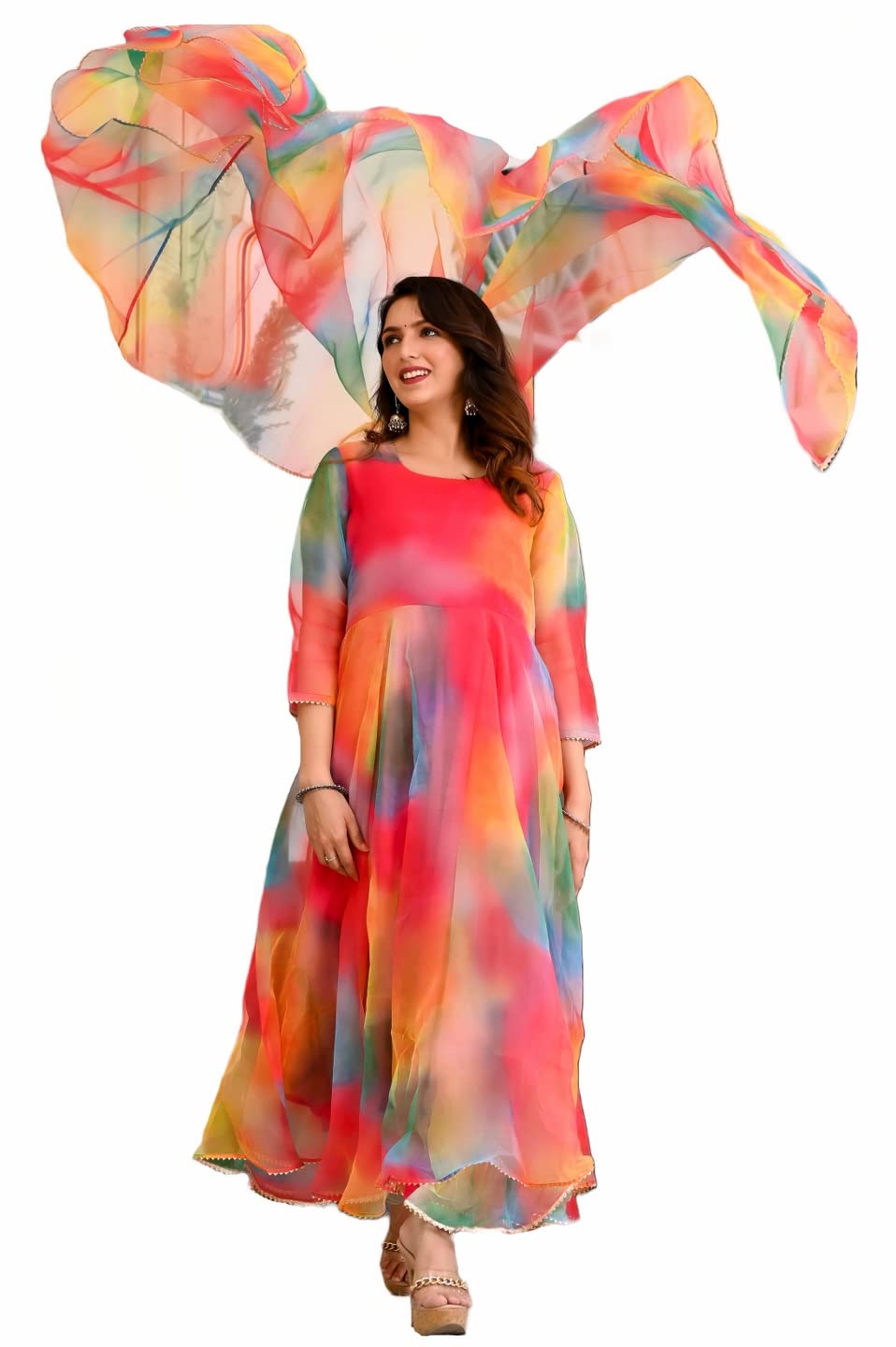 Anni Designer Women'S Organza Anarkali Floral Printed Kurta With Pant & Dupatta (Chakrika-Multi-Nw_5Xl_Multi_Xxxxx-Large) Multicolour,Multicolour,5XL