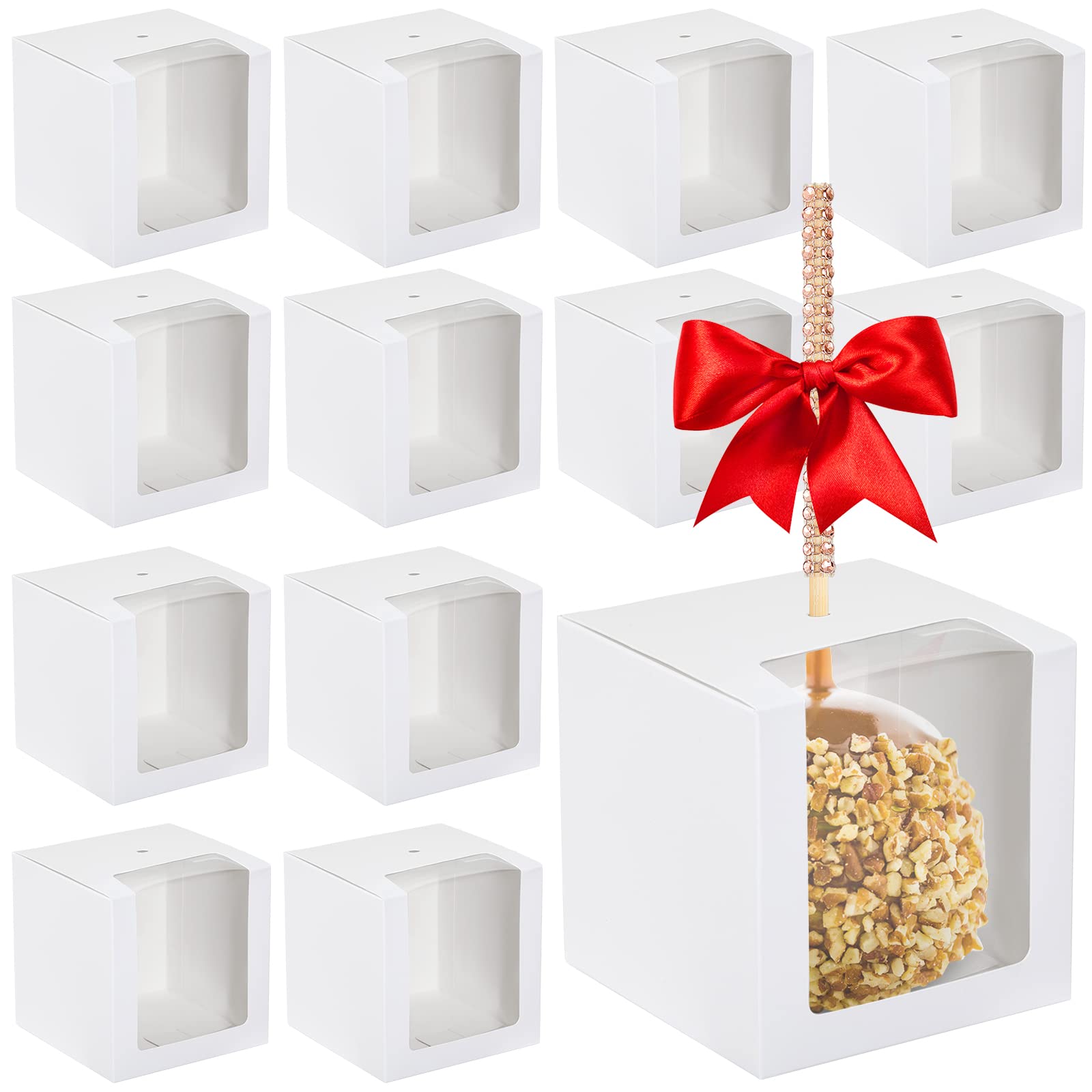 Henoyso 100 Pcs Candy Apple Boxes with Hole Caramel Apple Boxes 4 x 4 x 4 Inch Gift Box Cookies Chocolate Container with Clear W