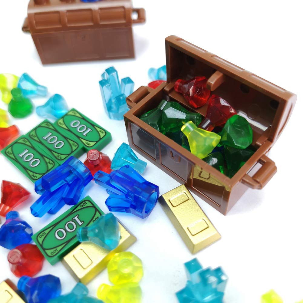 ZHX Treasure Accessories Jewel Chest, Gems Diamonds, Bullion Gold Bar, Crystals, $100 Dollar Bill Cash Toy Pirate Building Block