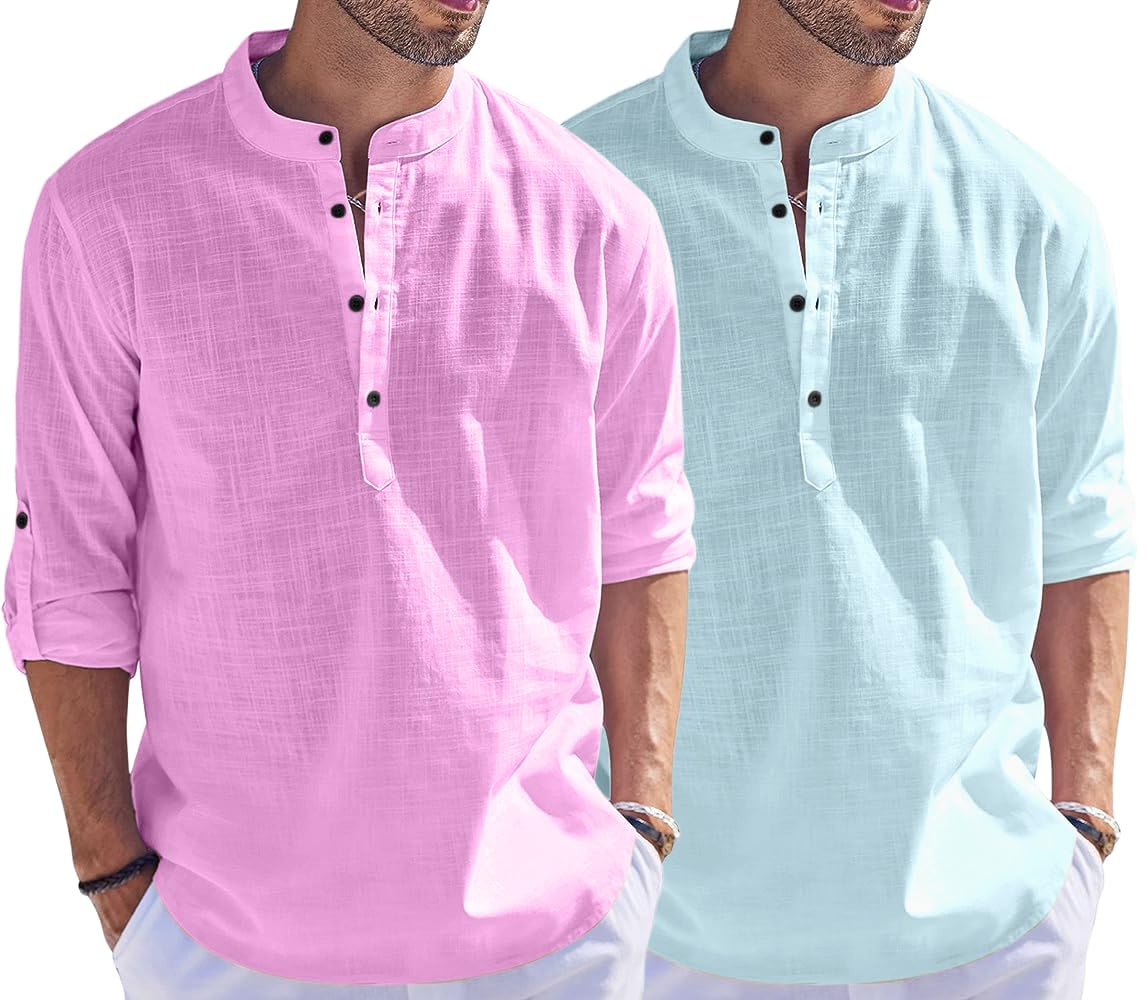 Bellstone Men'S Cotton Blend Solid Regular Dress Shirt (Kurta1500_Combo_L Pink & Aqua_Xl_Light