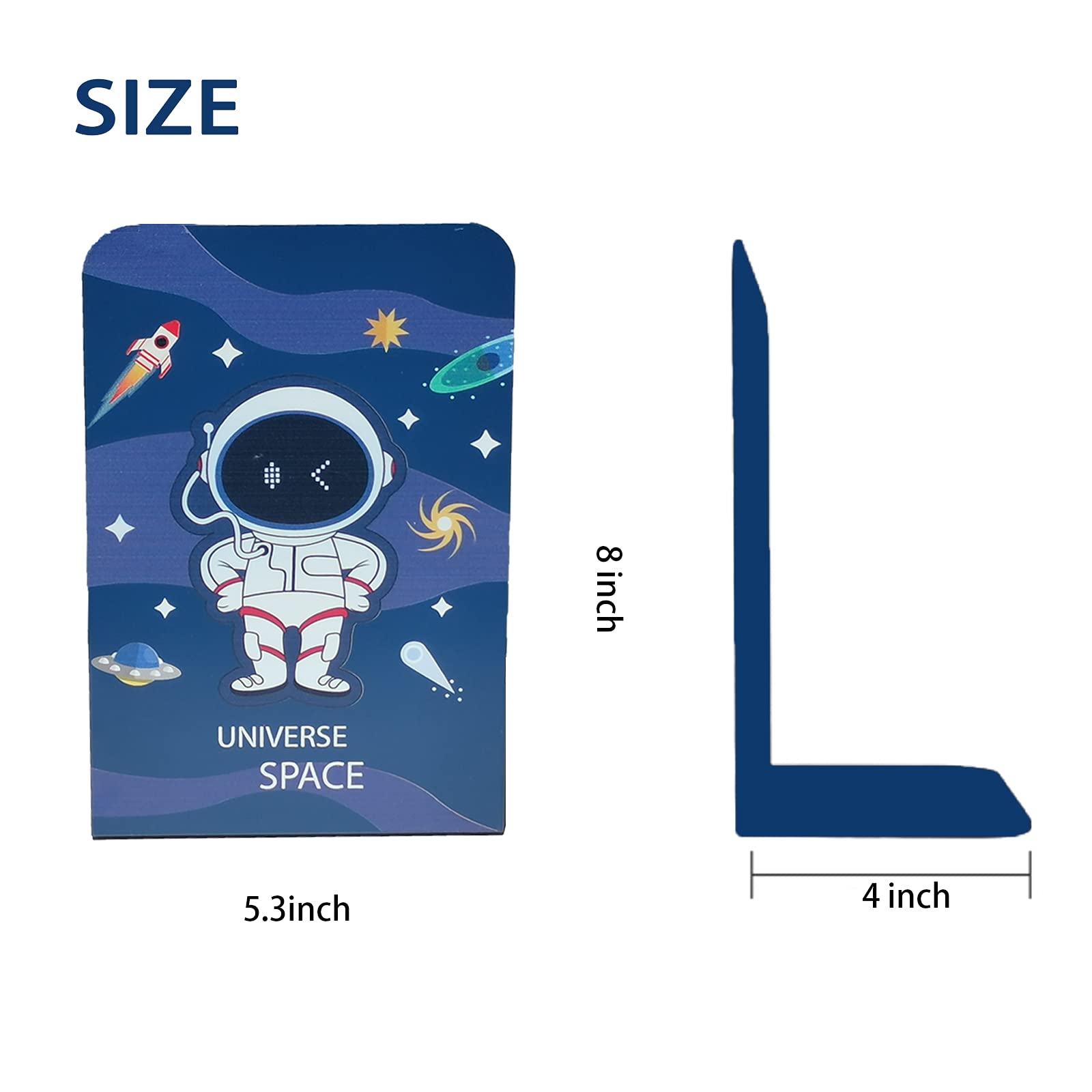 Zyners 8 Pieces Bookends for Kids, Metal Bookends for Boys, Non-Skid Heavy Duty, Astronaut Bookends for Shelves Children(5.3 x 4