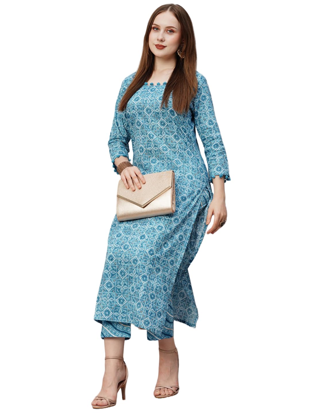 Anni Designer Women'S Cotton Blend Printed Straight Kurta With Pant (Dagi Blue_S_Blue_Small),Blue,S