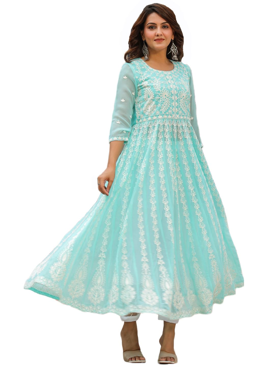 Anni Designer Women'S Georgette Anarkali Chikankari Embroidered Kurta (Kari-See Green_S_See Green_Small),See Green,S