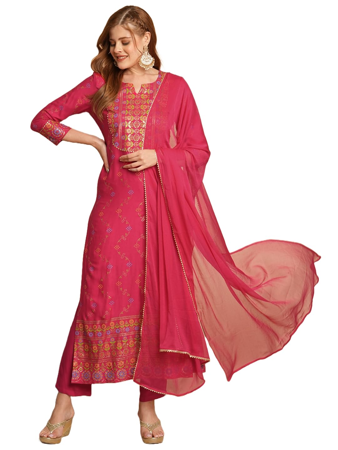 Anni Designer Women'S Cotton Blend Straight Printed Kurta With Pant & Dupatta (Kamita Pink-Nw_L_Pink_Large),Pink,L,,,