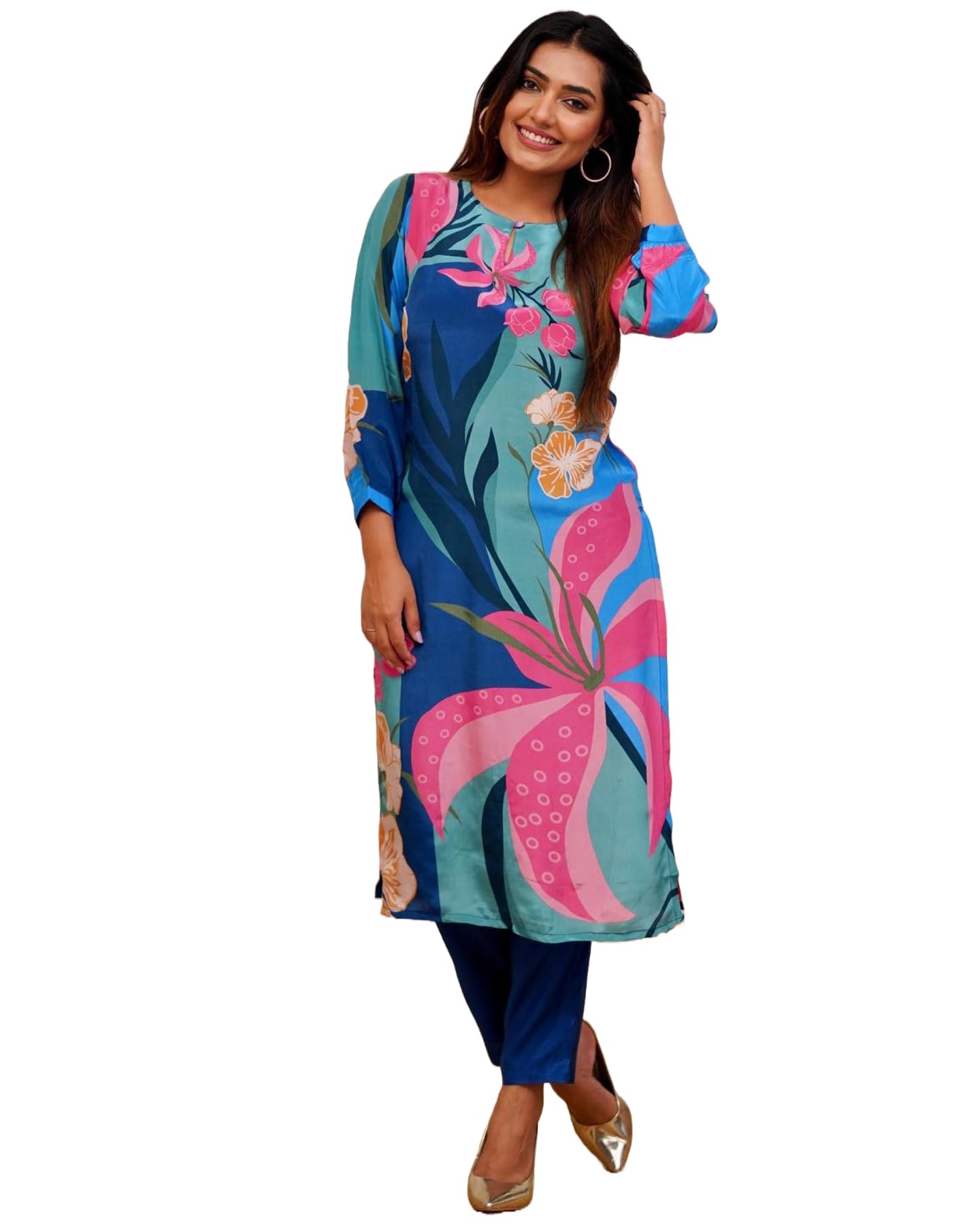 Anni Designer Women'S Cotton Blend Straight Printed Co-Ord Set (Yup Blue Co-Ord_S_Blue_Small),Blue,S