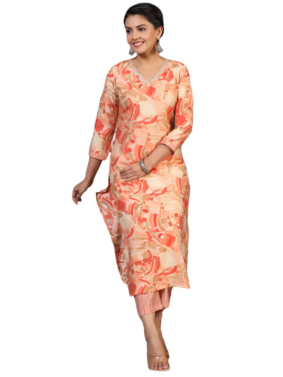 Anni Designer Women'S Rayon Blend Straight Printed Kurta With Pant (Nissu Orange_S_Orange_Small),Orange,S