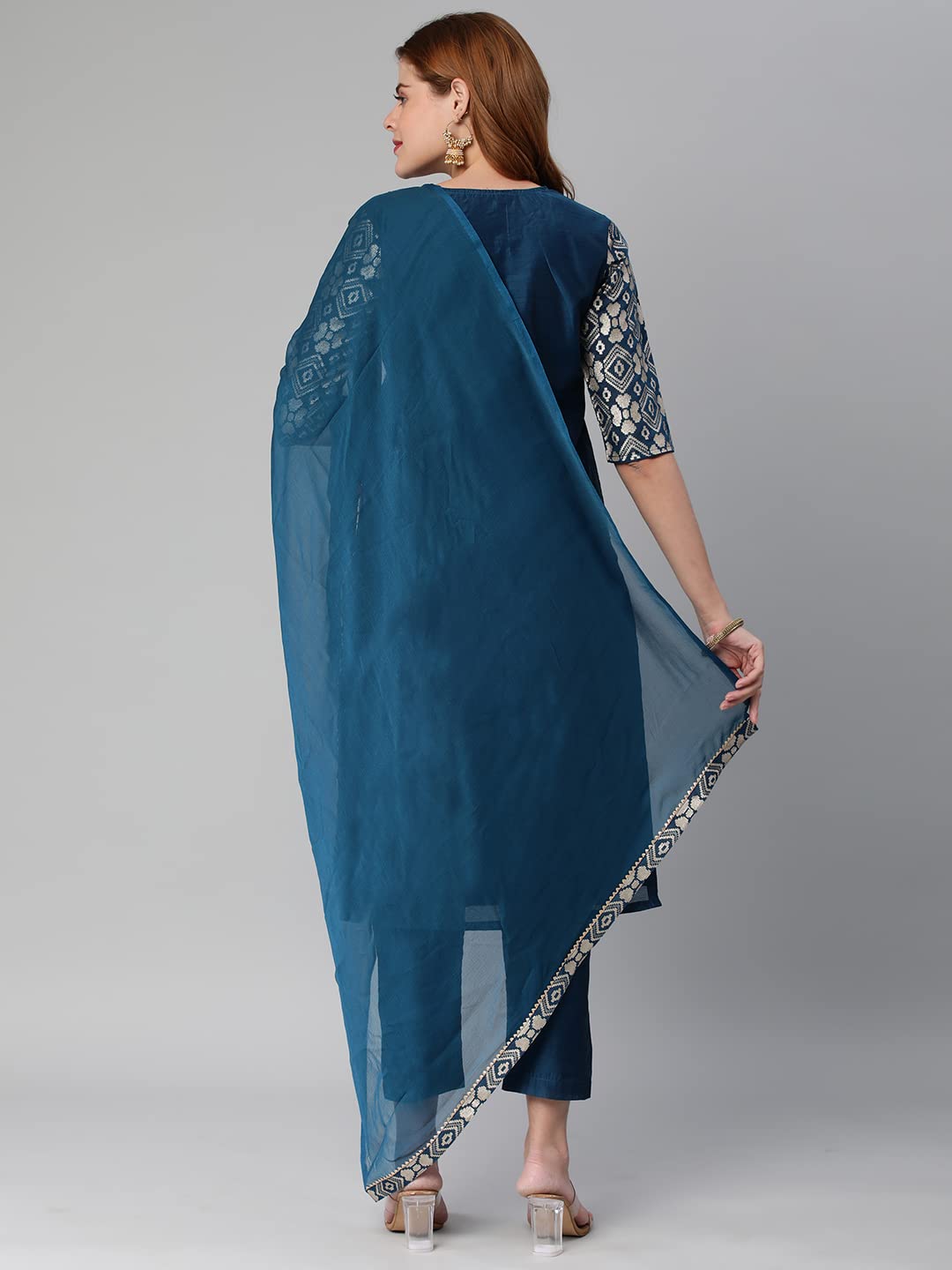 Anni Designer Women'S Banarasi Woven Straight Embellished Printed Kurta With Pant & Dupatta (Kabzaa-Cerosin-Nw_M_Dark Blue_Medium),Dark Blue,M,Banarasi Woven,Regular,