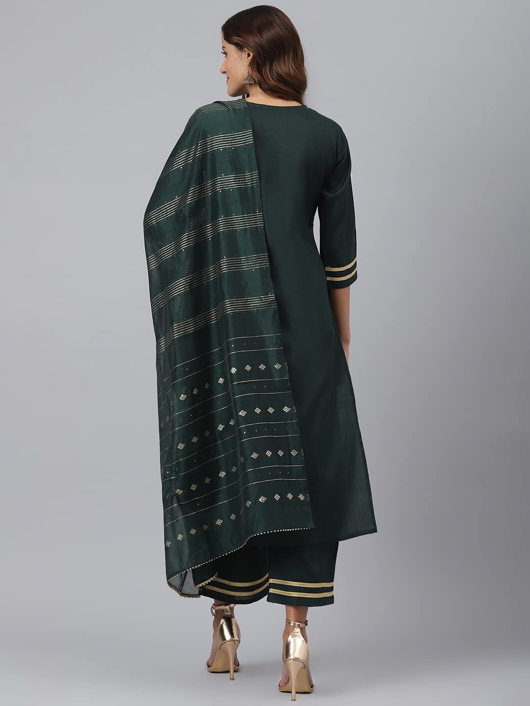Anni Designer Women'S Cotton Blend Straight Solid Kurta With Palazzo & Dupatta (Ruchir Green_Xxl_Xx-Large_Green),Green,2XL,Cotton Blend,Straight,Dupatta