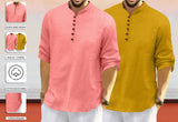 Royalscout Men'S Cotton Polyester Blend Solid Regular Fit Full Sleeve Short Kurta | Ethnic, Lightweight Summer Kurta For Daily & Occasion Use Peach-Gold 3Xl