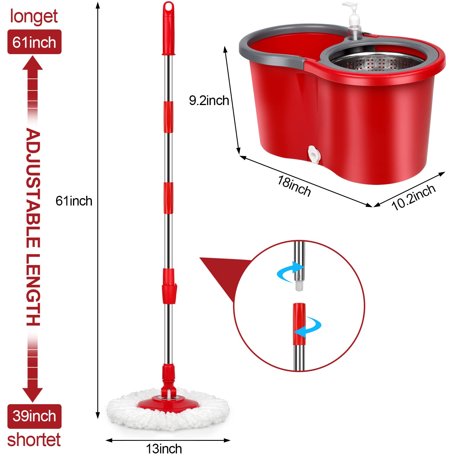 PULNDA Spin Mop and Bucket with Wringer Set,Mop and Bucket Set for Floor Cleaning with 3 Mop Refills 61 inches Telescoping Mop R