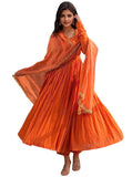 GoSriKi Anarkali Womens Plain Viscose Kurta with Trousers and Dupatta, Orange, M