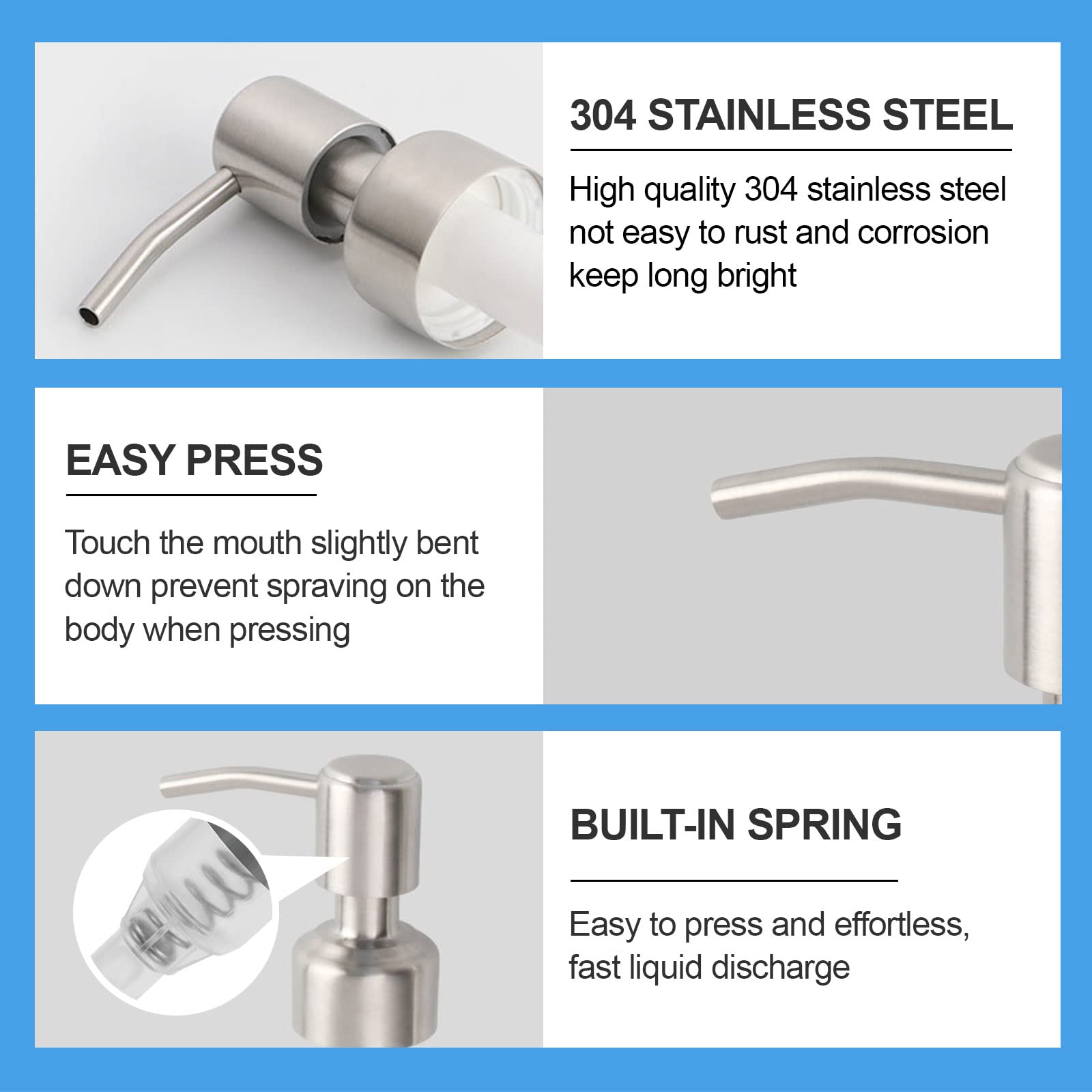 2 Packs Soap Dispenser Pump Replacement for Glass Bottle Stainless Steel Rust Proof Lotion Pump for Kitchen Bathroom Accessories