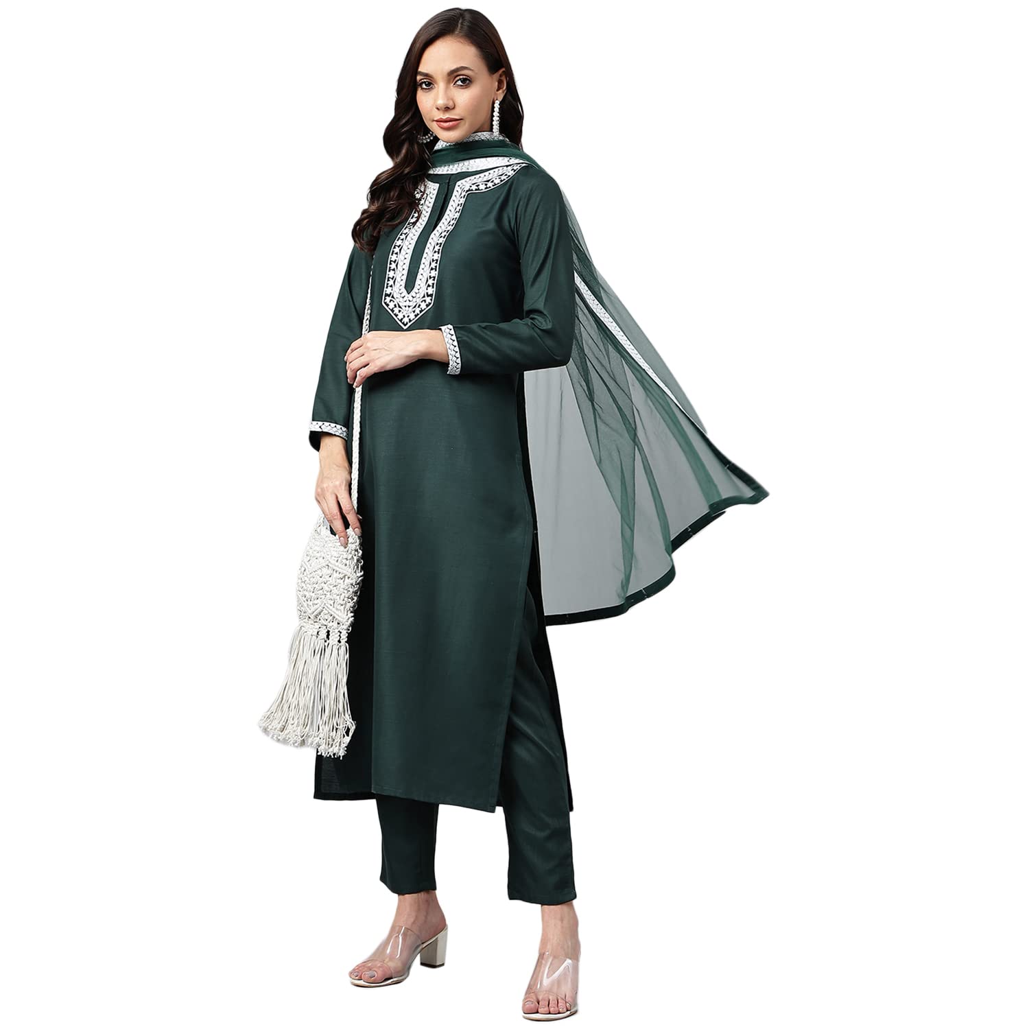 Anni Designer Women'S Cotton Blend Straight Embroidered Kurta With Pant & Dupatta (Jagtara Green_Xl_Green_X-Large),Green,XL
