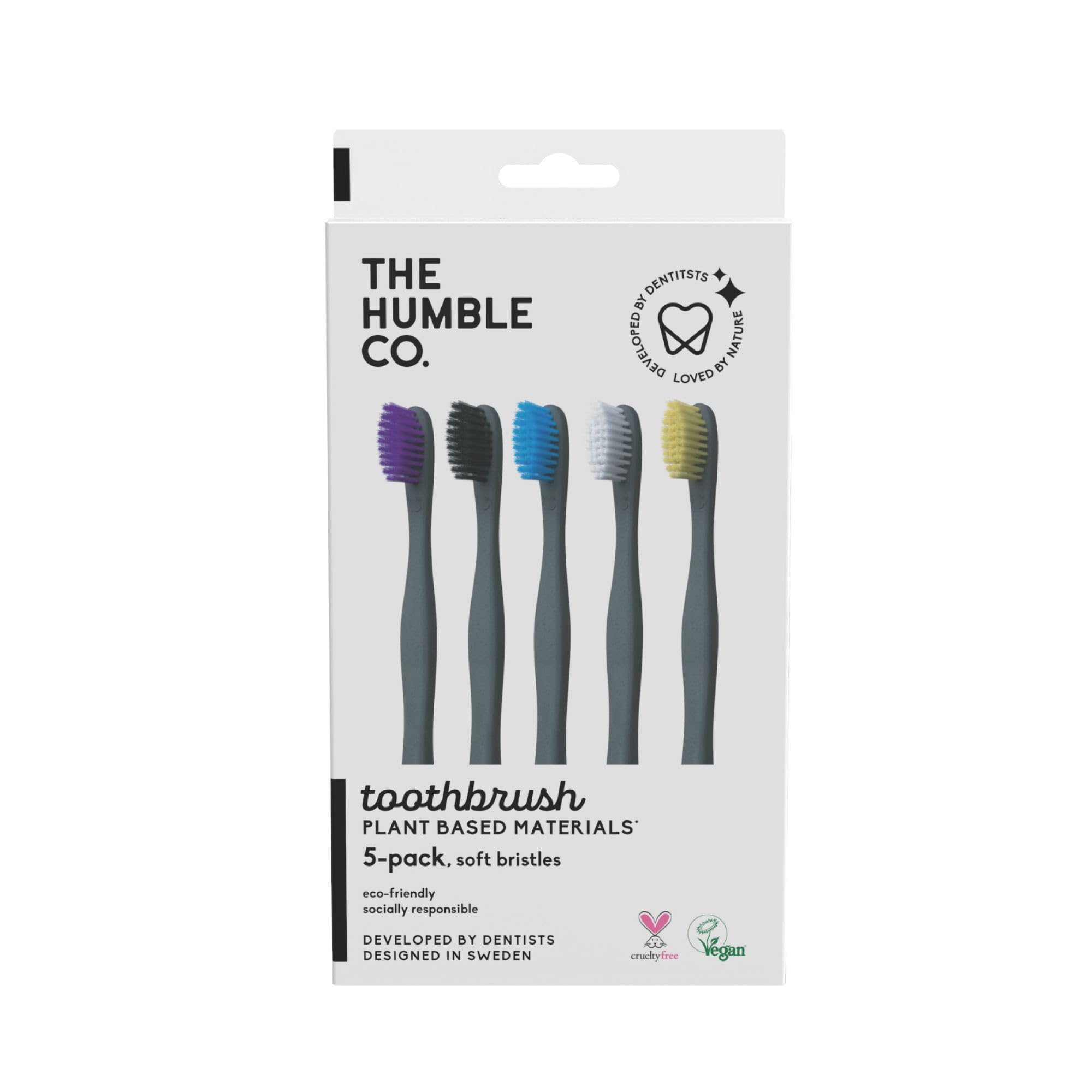The Humble Co. Plant Based Black Toothbrush (5pk) - Vegan, Soft Toothbrush Set with BPA Free Bristles, Best Toothbrush for Super