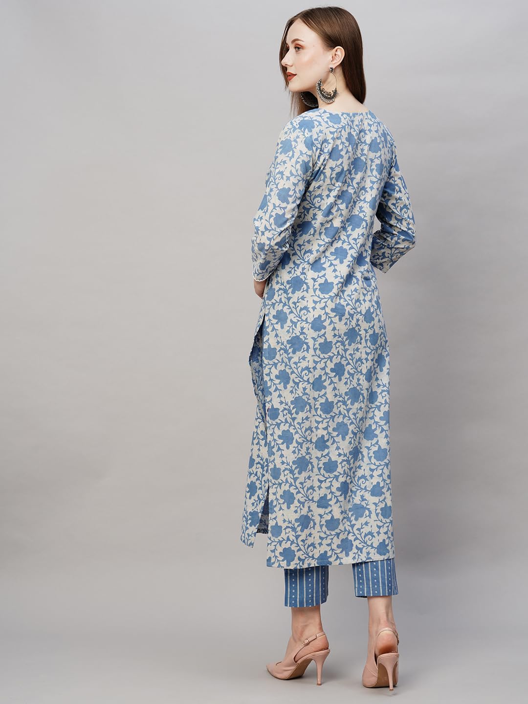 Anni Designer Women'S Cotton Blend Printed Straight Kurta With Pant (Mung Blue_Xl_Blue_X-Large),Blue,XL,Cotton Blend,Regular,