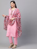 Anni Designer Women'S Cotton Blend Solid Straight Kurta With Pant & Dupatta (Authentic-Baby Pink_L_Baby Pink_Large),Baby Pink,L,Cotton Blend,Regular,1 Kurta and 1 Pant with Dupatta