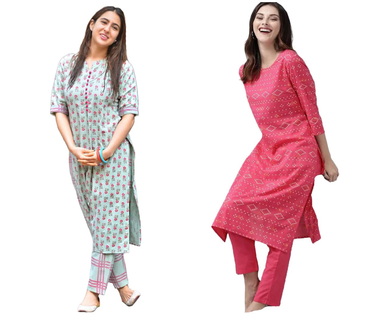 Anni Designer Women'S Cotton Blend Printed Straight Kurta With Pant Pack Of 2 (Combo-Disini-Excel Pink_M_Multi_Medium),Multicolour,M