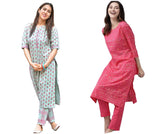 Anni Designer Women'S Cotton Blend Printed Straight Kurta With Pant Pack Of 2 (Combo-Disini-Excel Pink_M_Multi_Medium),Multicolour,M