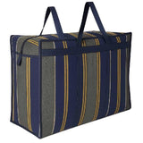 Heavy Duty Canvas Duffel Bag, Medium Size, Striped Pattern Navy Blue Grey Yellow, 20X18X12 Inches, With Strong Handles And Zip C
