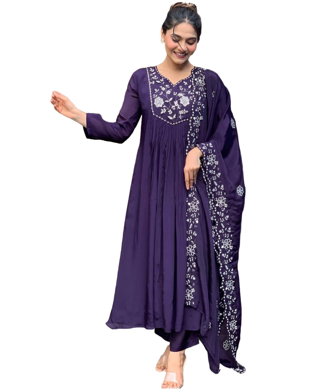 Anni Designer Women'S Rayon Blend Anarkali Embroidered Kurta With Pant & Dupatta (Mine Violet_M_Violet_Medium),Violet,M