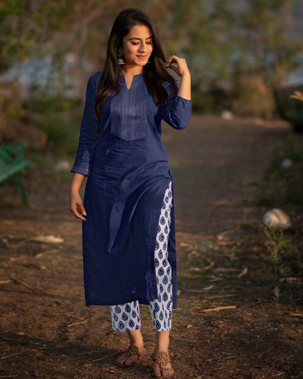 Anni Designer Women'S Cotton Straight Kurta With Palazzo (Dark-Blue S),Dark Blue,S,Cotton,Straight,kurta
