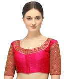 Pujia Mills Women'S Embroidery Handwork Sequence Work Necklace Design Readymade Half Sleeve Blouse (Pink, 34)