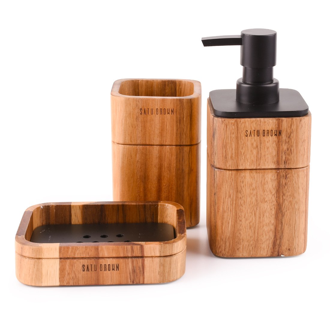Satu Brown Bathroom Accessory Set Acacia Wood 3 Pieces Includes Bathroom Soap Dispenser, Bathroom Tumbler, Soap Dish Accessories