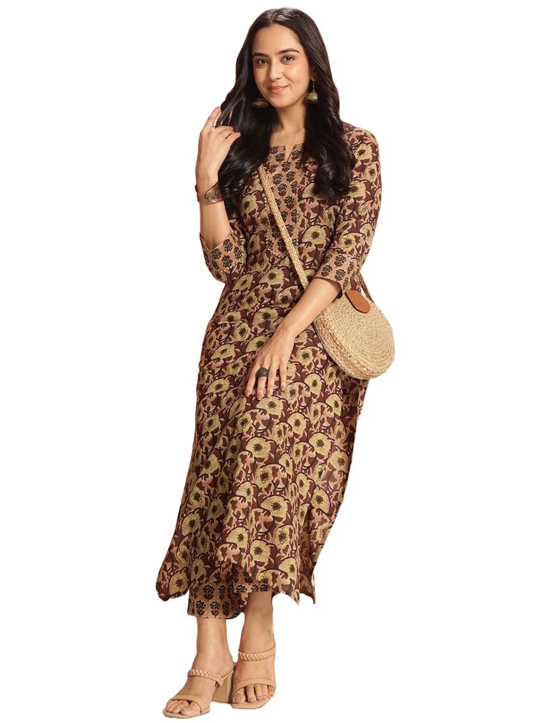 Anni Designer Women'S Rayon Viscose Straight Fit Printed Kurta With Pant (Gukona Brown_L_Brown_Large),Brown,L