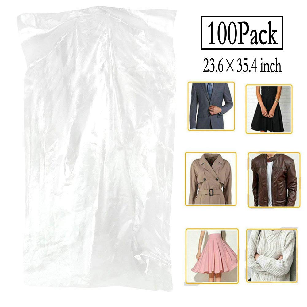 100 Pack Garment Bag Transparent Clothing Dust Cover Dustproof Hanging Clothes Suit Dress Jacket Cover for Dry Cleaner, Home Sto