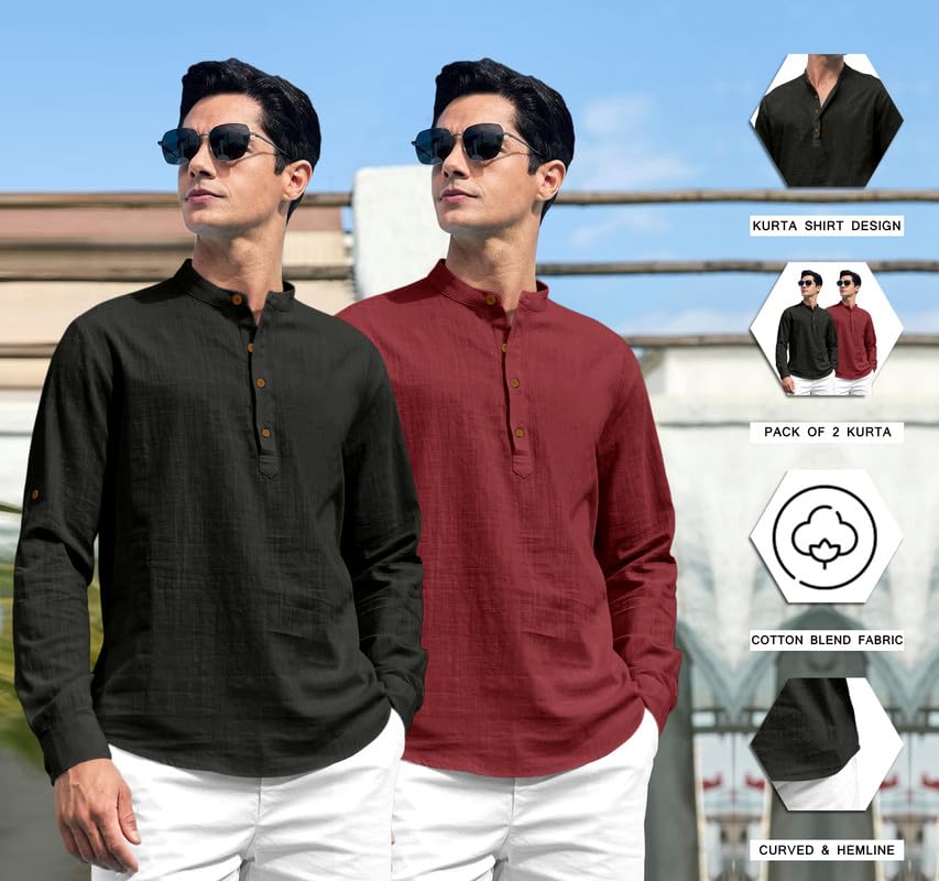 Royalscout Combo Of Men'S Solid Cotton Blend Full Sleeve Straight Kurta Shirt (Pack Of 2) Black-Maroon Black-Maroon M