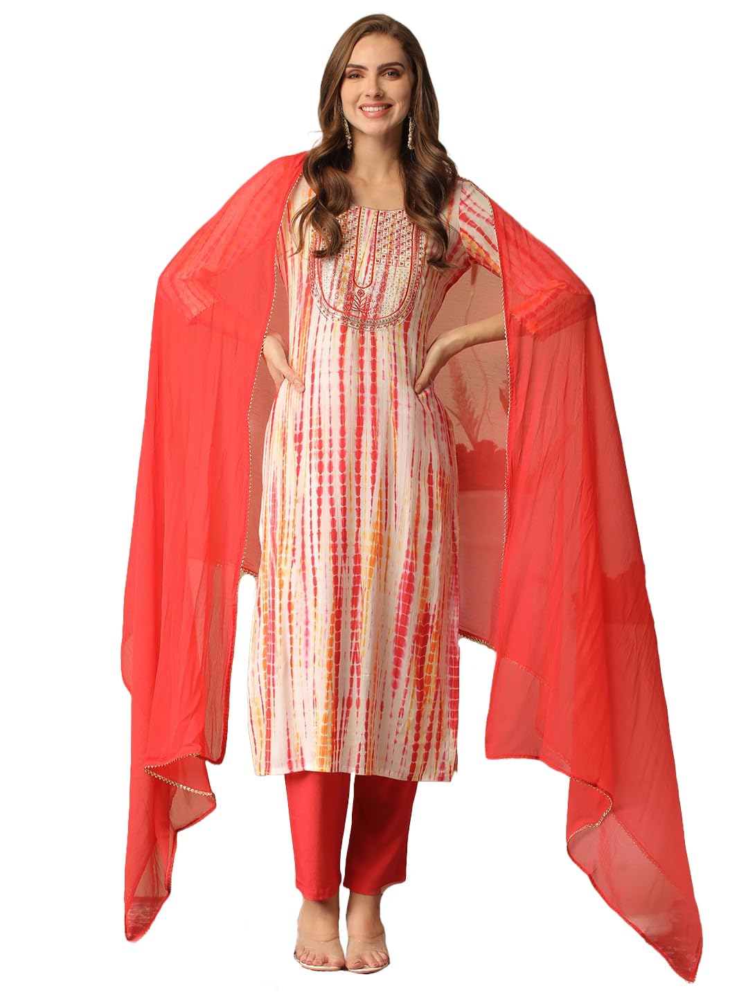 Gosriki Women'S Rayon Blend Straight Printed Kurta With Pant & Dupatta (Tiedye Red-Gs_Xl_Red_X-Large),Red,,B0D3BYRSFF