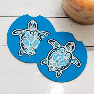 Blue Sea Turtle. Car Coasters for drinks Set of 2. Perfect Car Accessories with absorbent coasters. Car Coaster measures 2.56 in