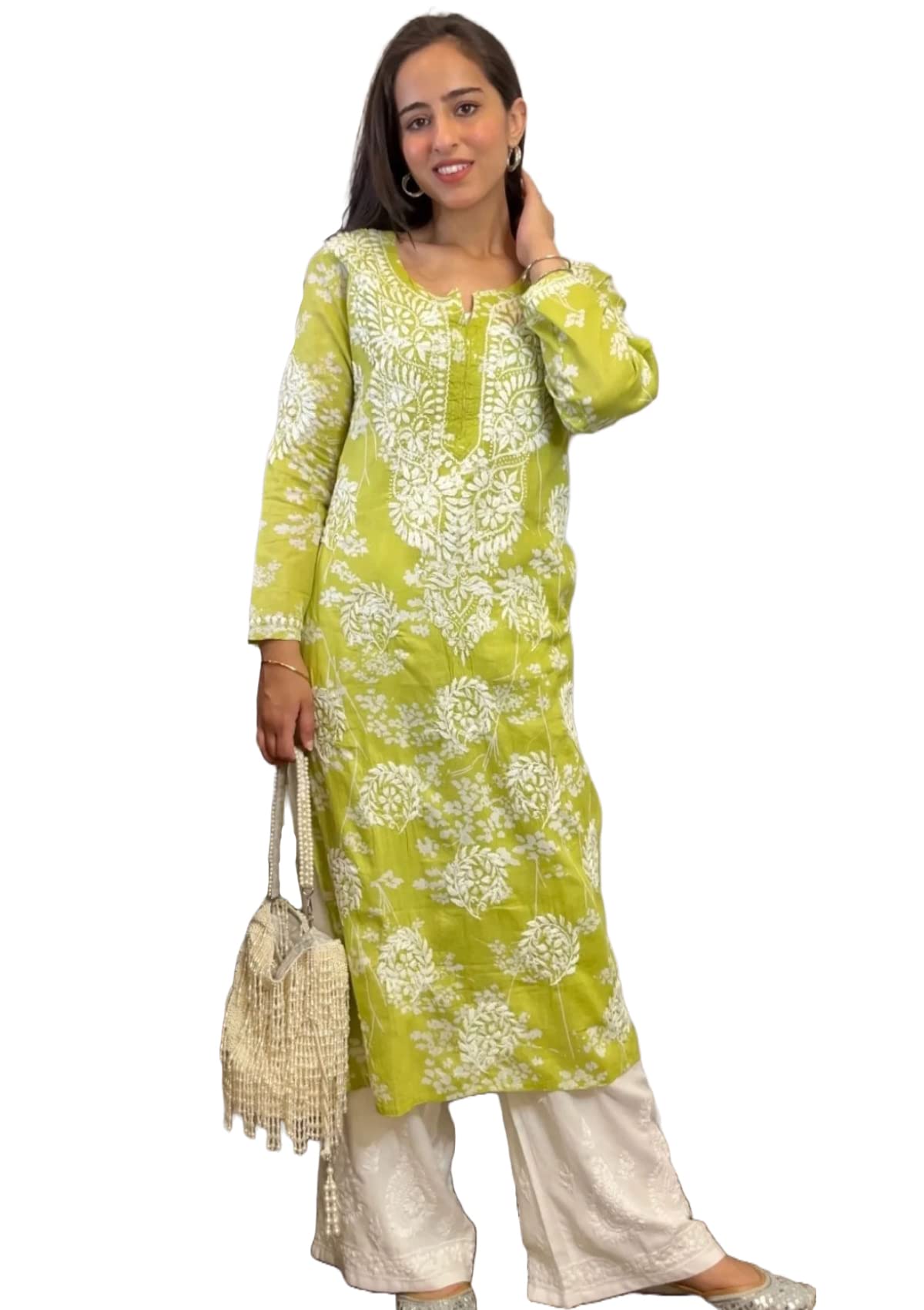 Anni Designer Women'S Cotton Blend Straight Chikankari Embroidered Kurta (Zainab-Green_Xxl_Green_Xx-Large),Green,2XL