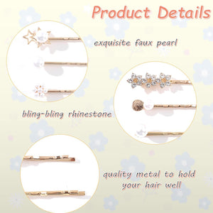 Doromy 15 Packs Rhinestone Faux Pearl Wedding Hair Accessories - Elegant Golden Bobby Pins, Hollow Design Hair Clips and Barrett