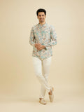 Manyavar Men'S Linen Blend Floral Print Short Kurta (Aqua Green,Xxxl)